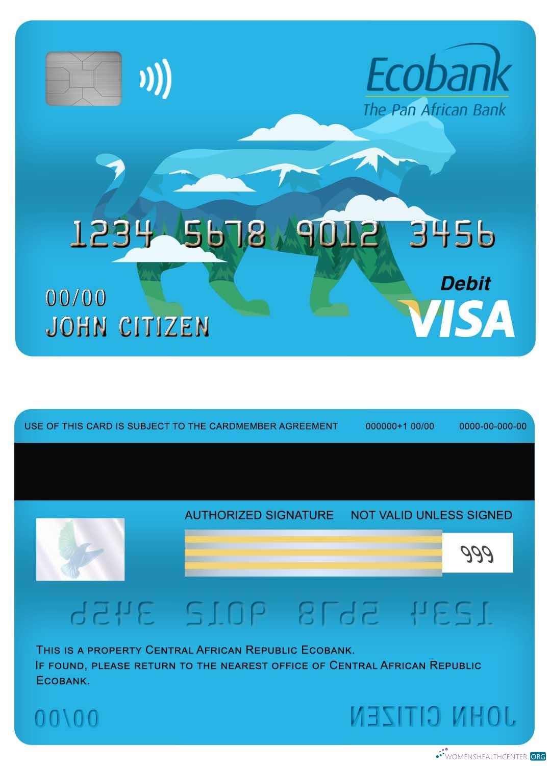 Download Central African Republic Ecobank visa debit card Photoshop template
